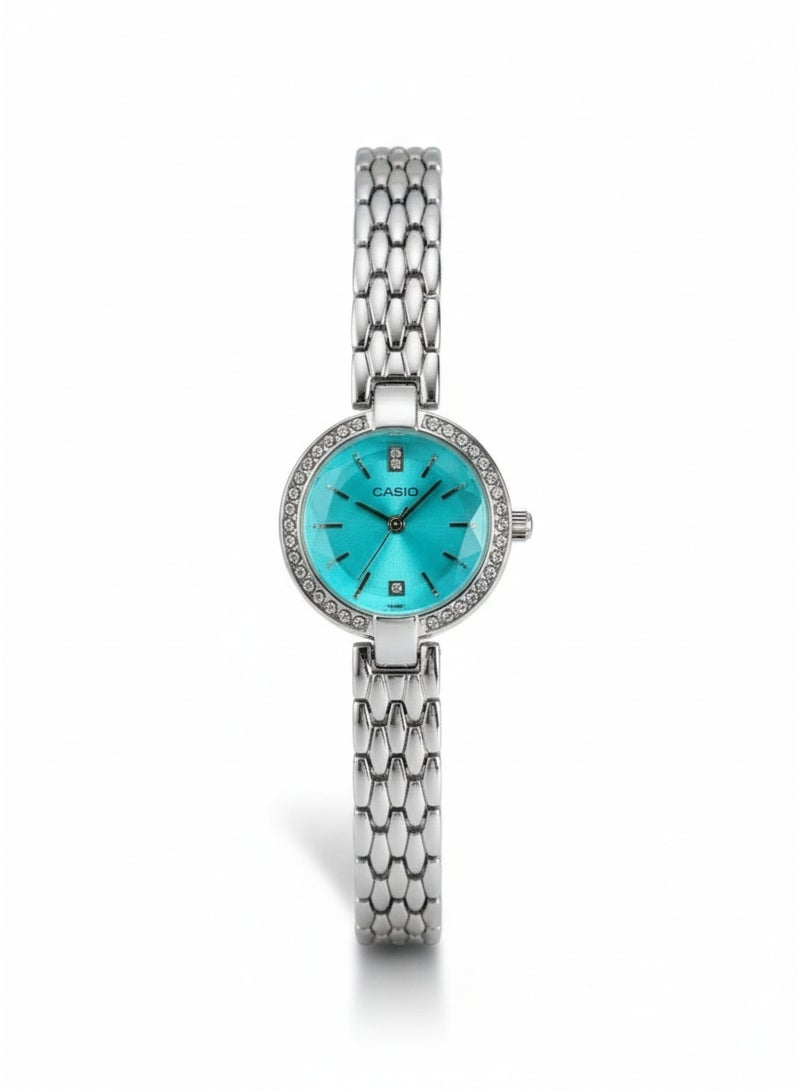 Casio Stainless Steel Turquoise Dial Crystal Bezel Quartz Watch - Image 1